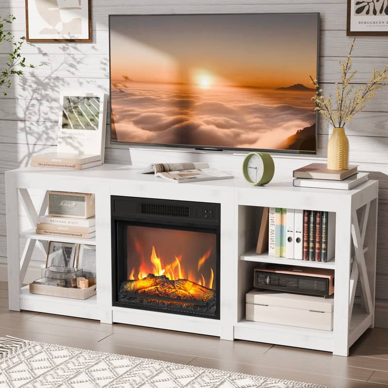 TV Stand with Optional Fireplace for TVs up to 70in Farmhouse Entertainment Center with Adjustable Shelves - No Fireplace - White