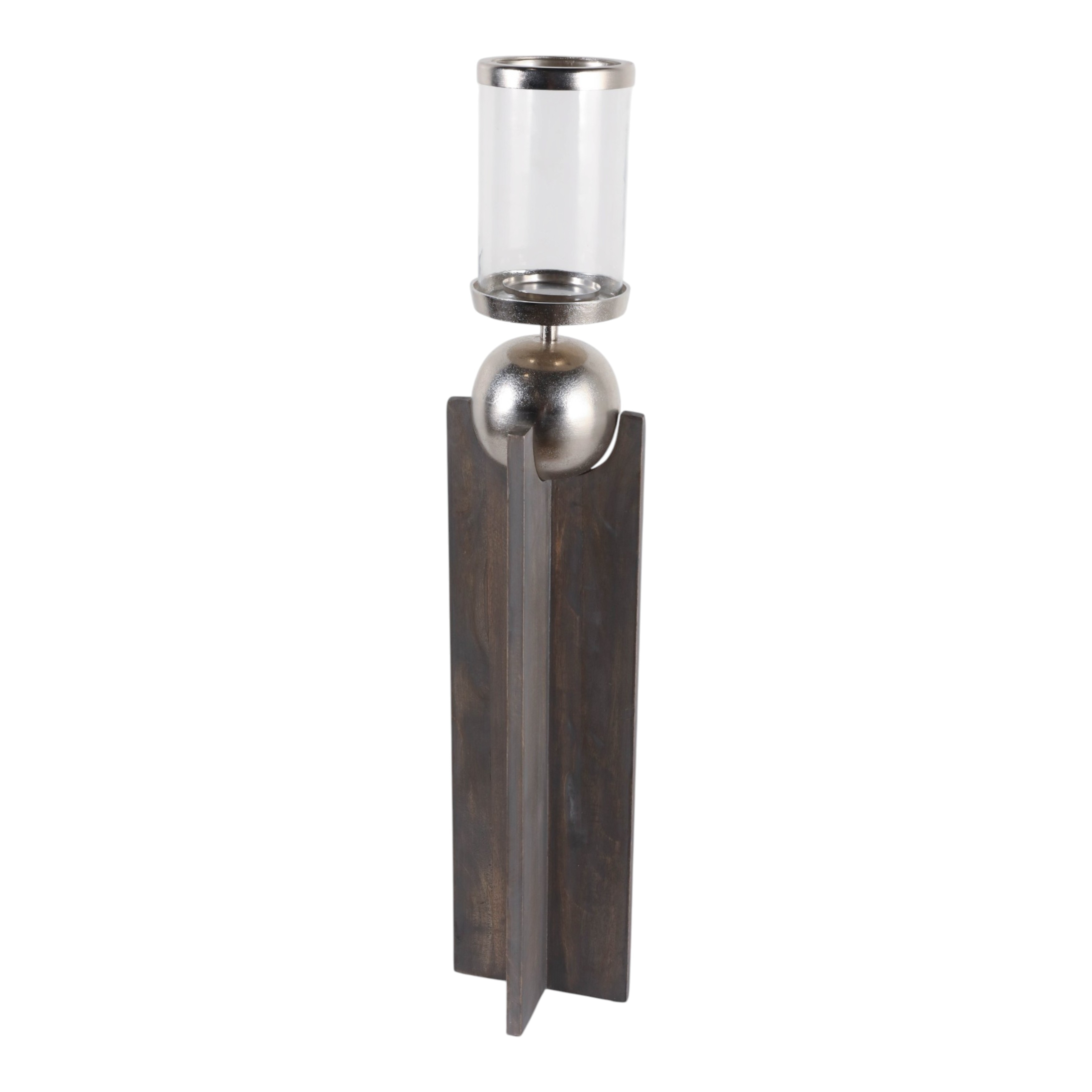 Candle Holder - Gray Wood Pillar with Metal Sphere