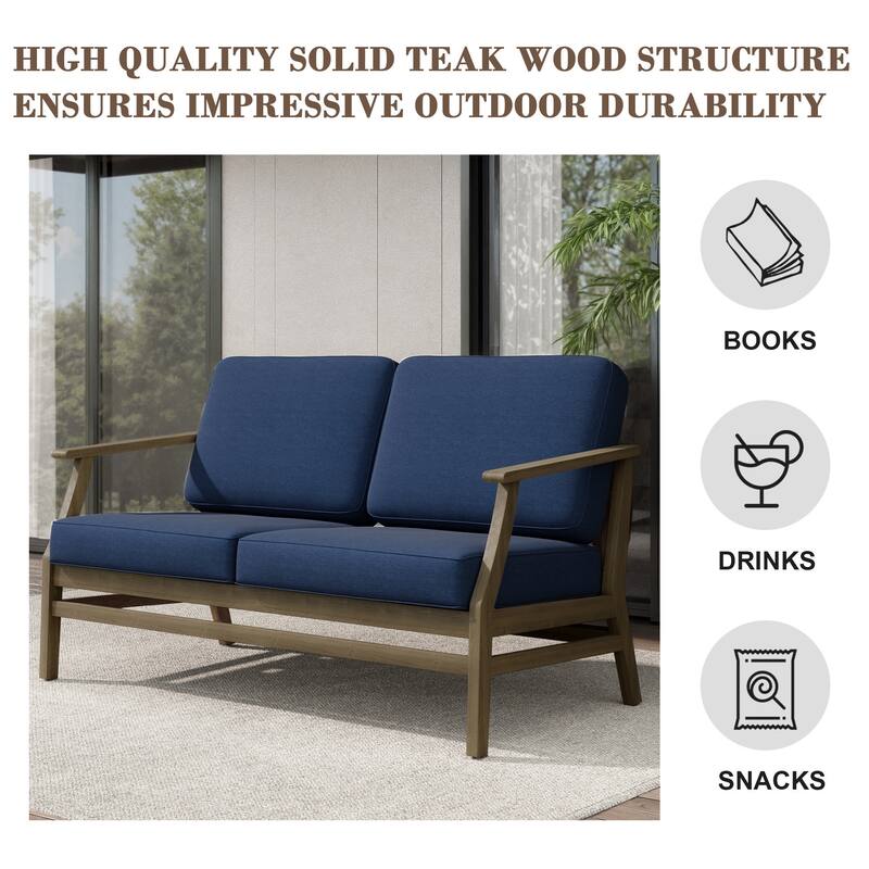 Teak Outdoor Patio Club Chairs Loveseat with Cushions