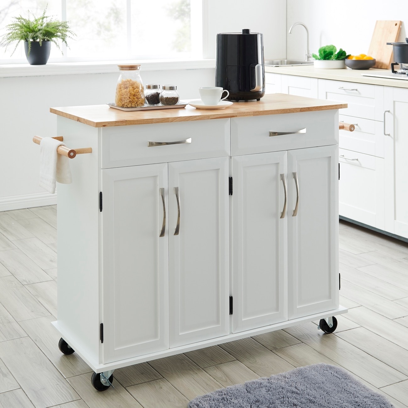 BELLEZE White Wood Portable Kitchen Cart Rolling And Island Storage With Handle Standard Overstock 26880760