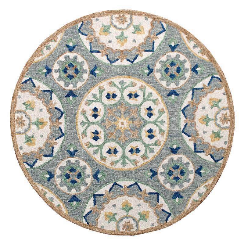 Sevita Suzani Round Area Rug - 4'10" Round - Grey/Brown