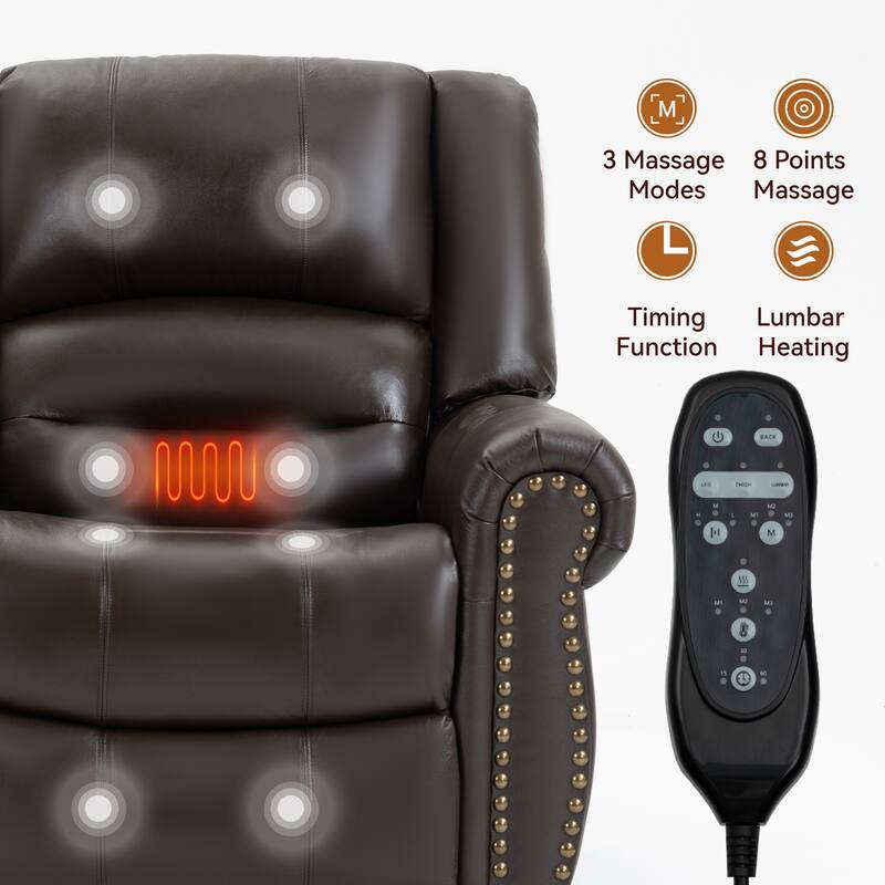 Brown Genuine Leather Power Lift Recliner Chair with Dual Motor, 8-Point Vibration Massage, Heated, USB Ports