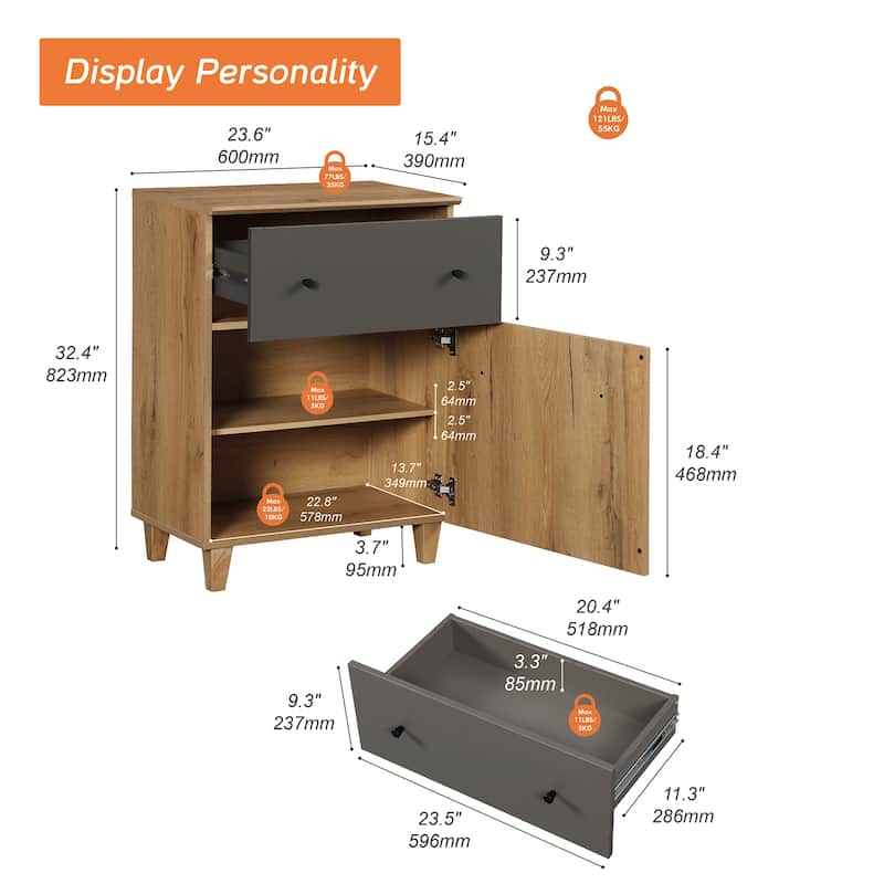 Tall Nightstand with Drawer and Door for Bedroom, 32.4"H