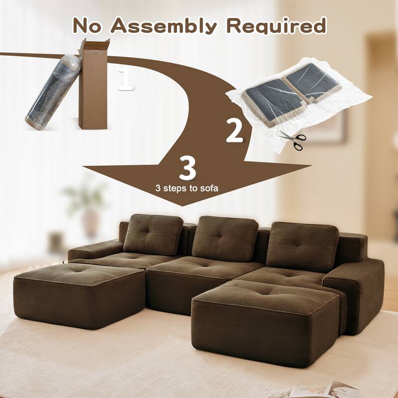 Roomfitters No Assembly Modular Sofa, 117 Inch Corduroy 3-Seater with Piping, Brown