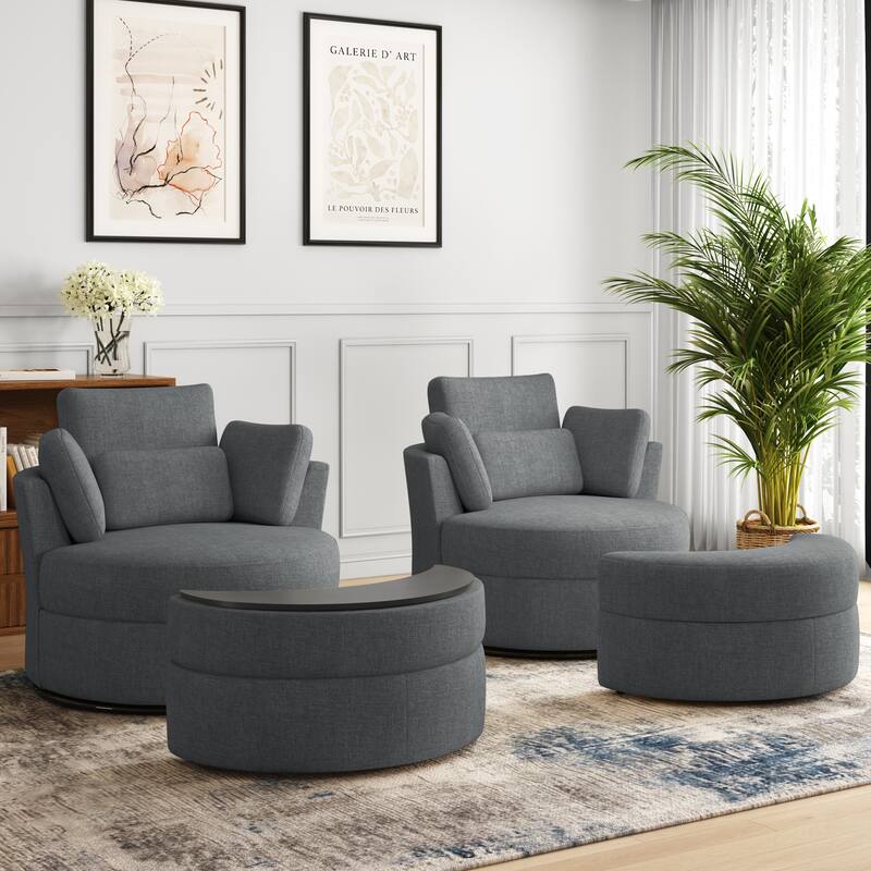 Upholstered Barrel Swivel Chairs with Moon Ottoman (Set of 2) - Chenille - Grey