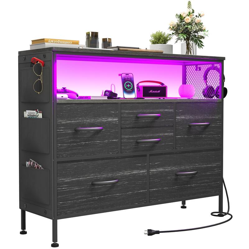 Dresser for Bedroom TV Stand with Power Outlets and LED Light, 6 Dresser with Shelves for 45" TV, PU Finish