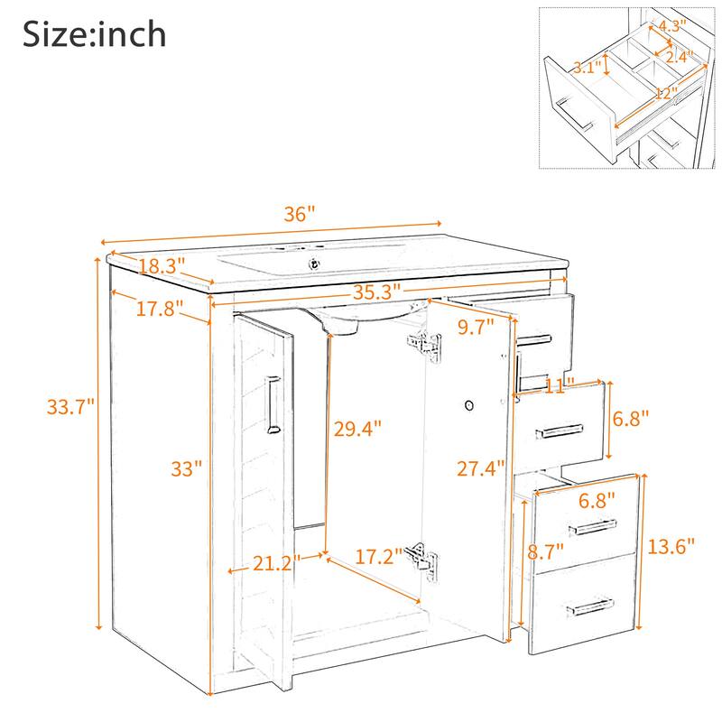36'' Bathroom Vanity with Ceramic Sink Combo, Solid Wood Frame, Freestanding Vanity Set with 3 Drawers& Soft Closing Doors