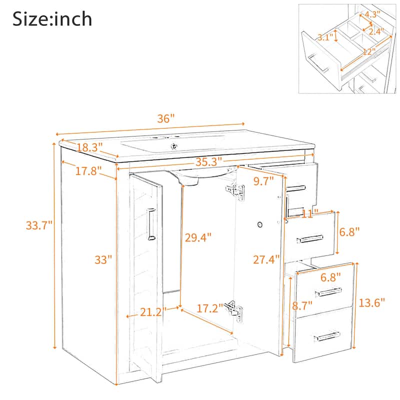 Roomfitters 36 Inch Bathroom Vanity with Ceramic Sink Combo, Solid Wood Frame Freestanding Storage Cabinet with 3 Drawers