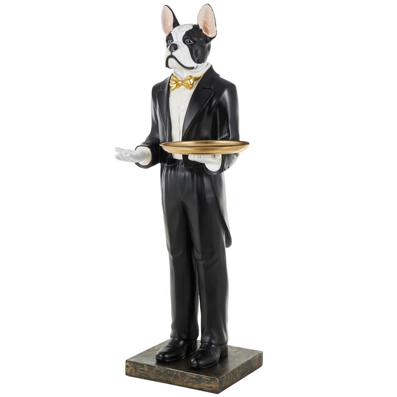 White Resin Floor Waiter Animal Decorative Sculpture with Gold Bow Tie and Plate