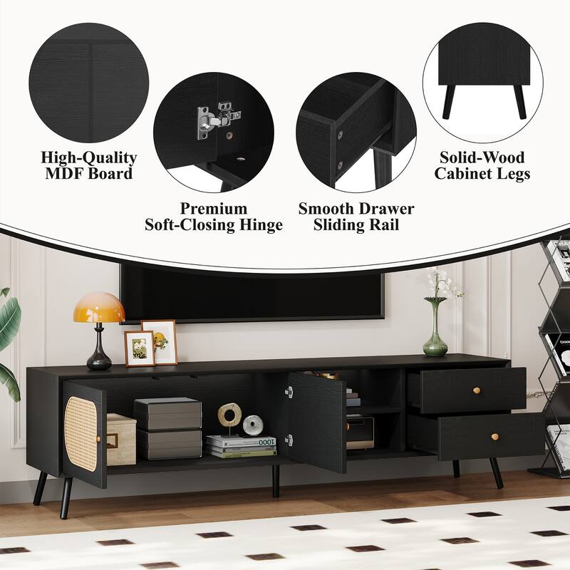 70" TV Stand for TVs up to 80 Inches, Mid Century Modern Entertainment Center with Rattan Doors, 2 Drawers, and Open Shelf