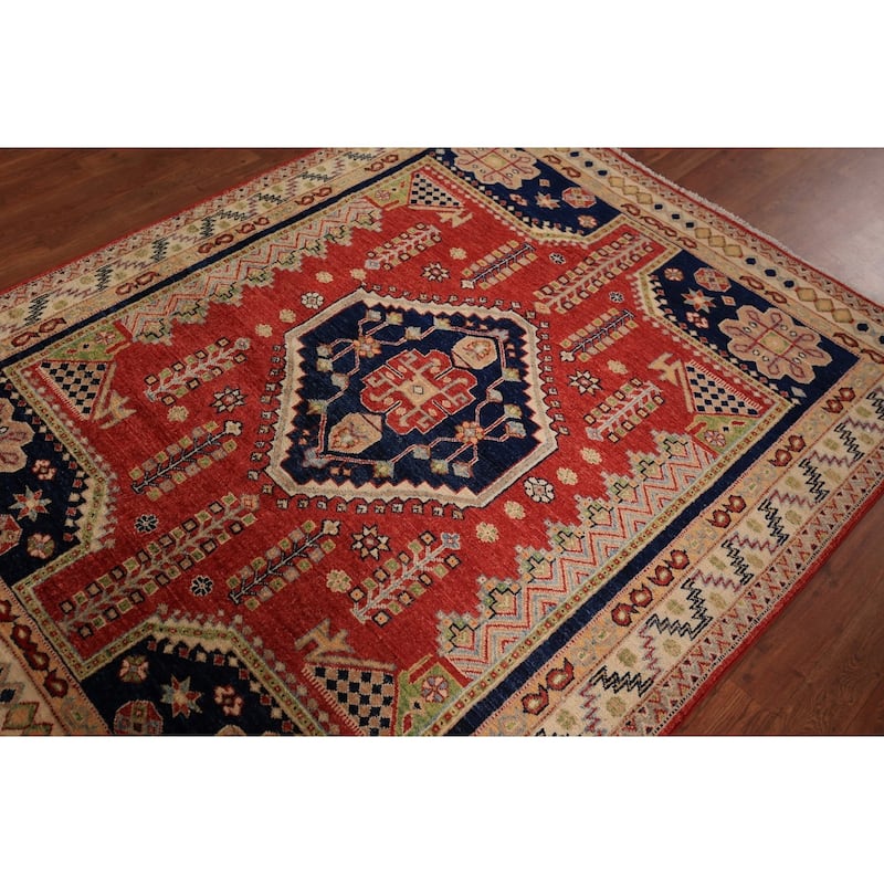 Vegetable Dye Geometric Heriz Oriental Rug Hand-Knotted Wool Carpet - 4'10" x 6'2"