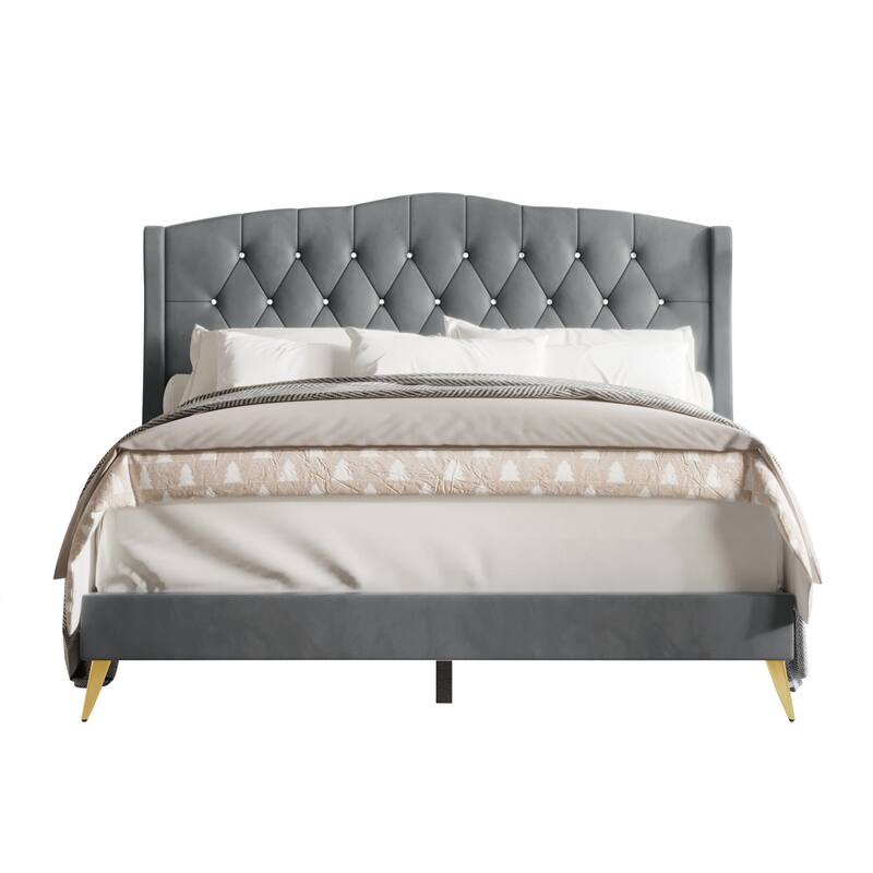 CraftPorch Velvet Diamond Button Tufted Upholstered Platform Bed - Light Grey - King