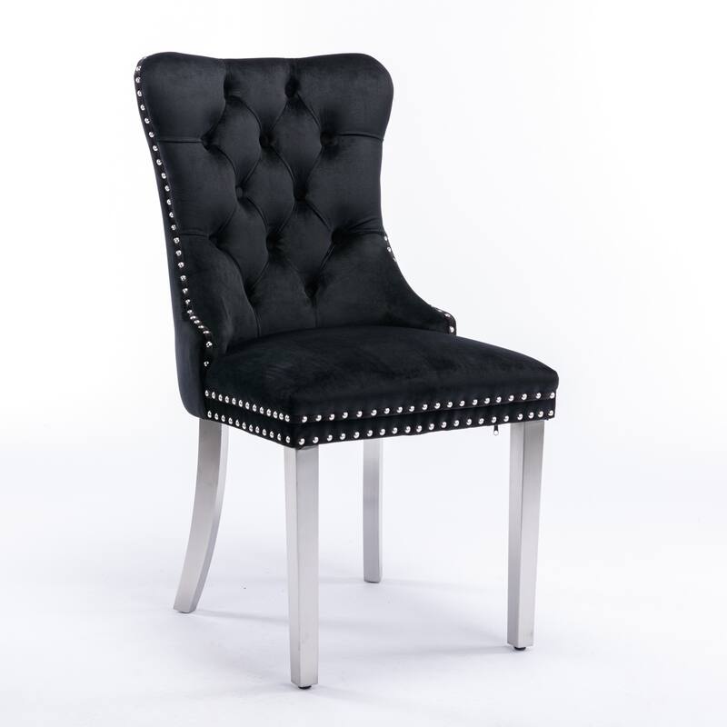 Set of 2 Contemporary High-End Tufted Upholstered Dining Chair with Nailhead & Stainless Steel Legs