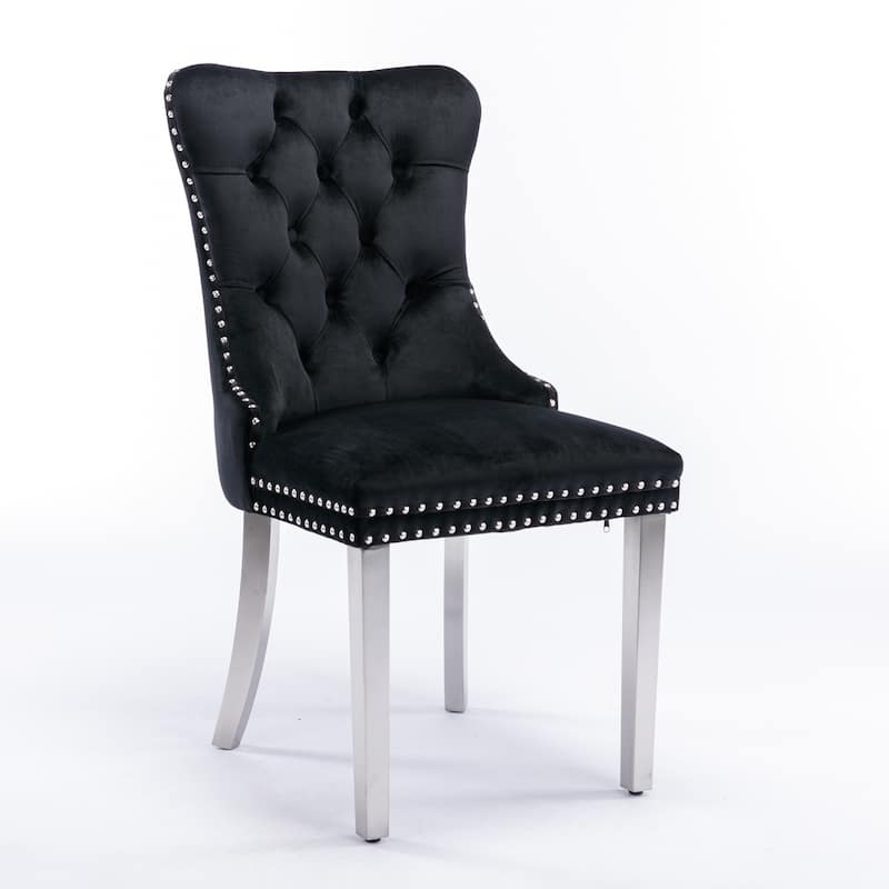 Velvet Fabric Dining Chairs Set of 2, Tufted Upholstered Dining Room Chair with Nailhead Trim & Stainless Steel Legs