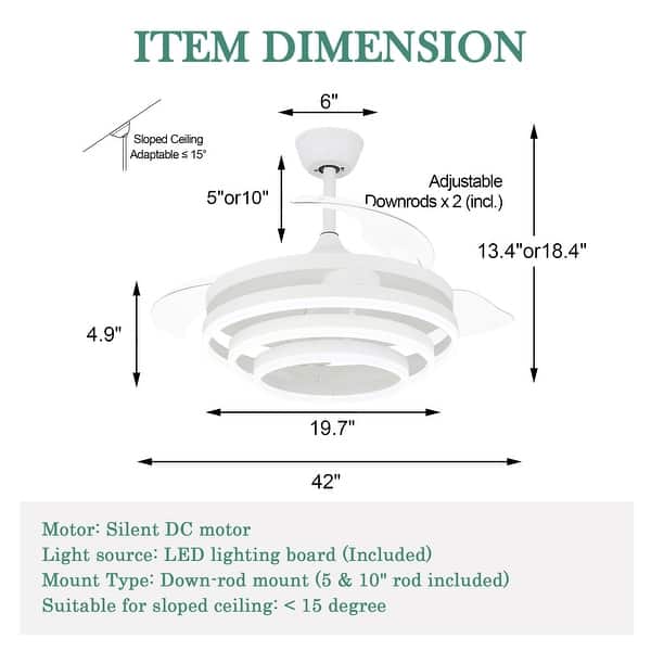 dimension image slide 5 of 6, Cusp Barn 42" Retractable Ceiling Fan with Lights and Remote DIY Shape Fandelier Modern Silent DC Motor LED Ceiling Light