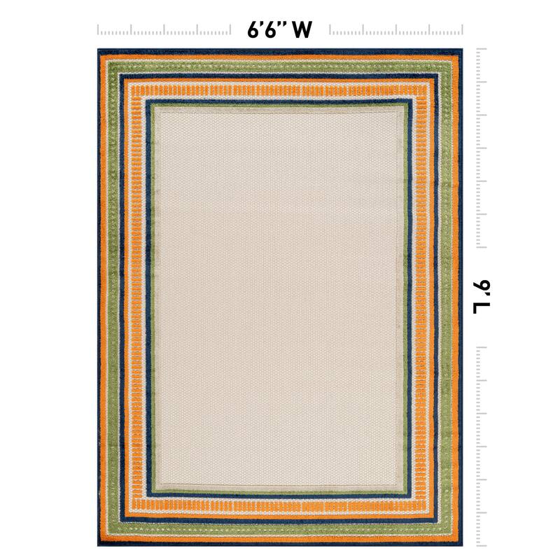 World Rug Gallery Indoor/Outdoor High-Low Textured Area Rug, Coastal Border Easy-Clean Patio Rug