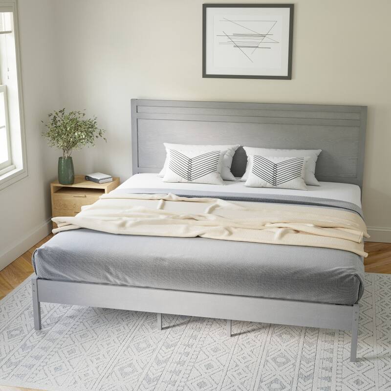 Modern Solid Wood Platform Bed with Headboard and Wooden Slats