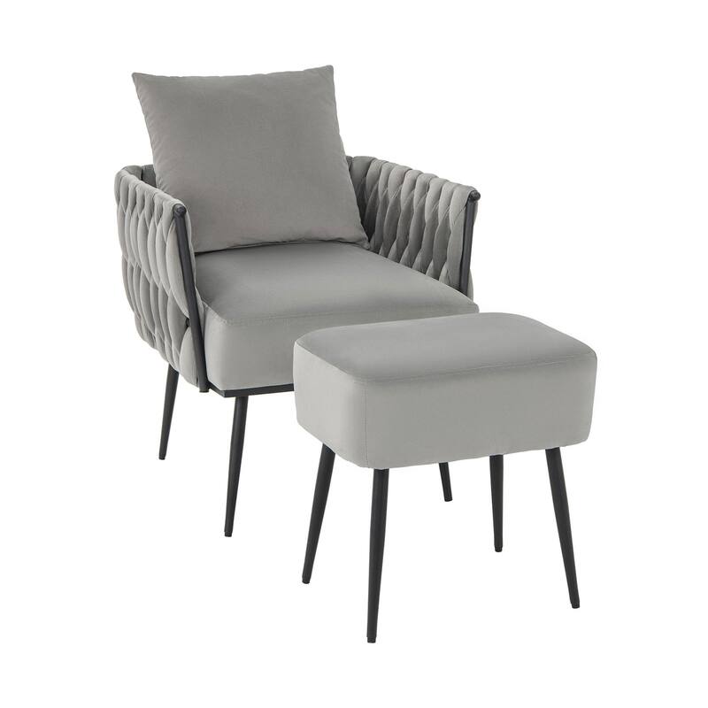 Dutch Velvet Accent Chair with Ottoman and Pillow on Black Metal Frame - 26” x 25.5” x 32”