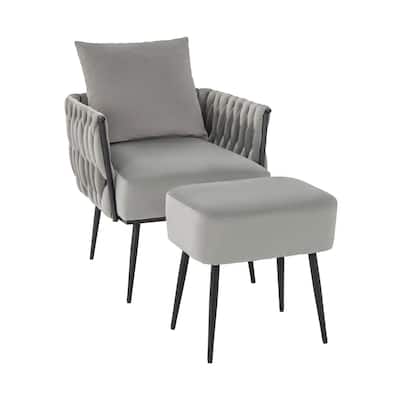 Dutch Velvet Accent Chair with Ottoman and Pillow on Black Metal Frame - 26” x 25.5” x 32”