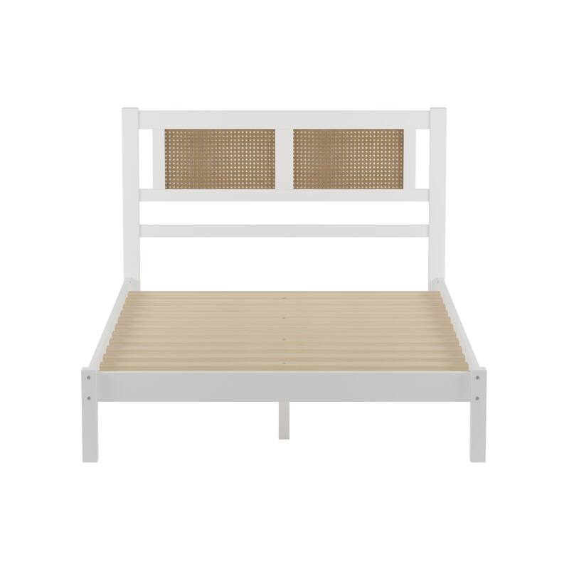 Platform bed with natural rattan headboard