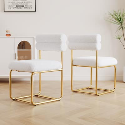 Teddy Cloth 2 Piece Kitchen Dining Chair Set with Round Thick Upholstered, Gold Metal Legs for Dining Room Living Room Bedroom