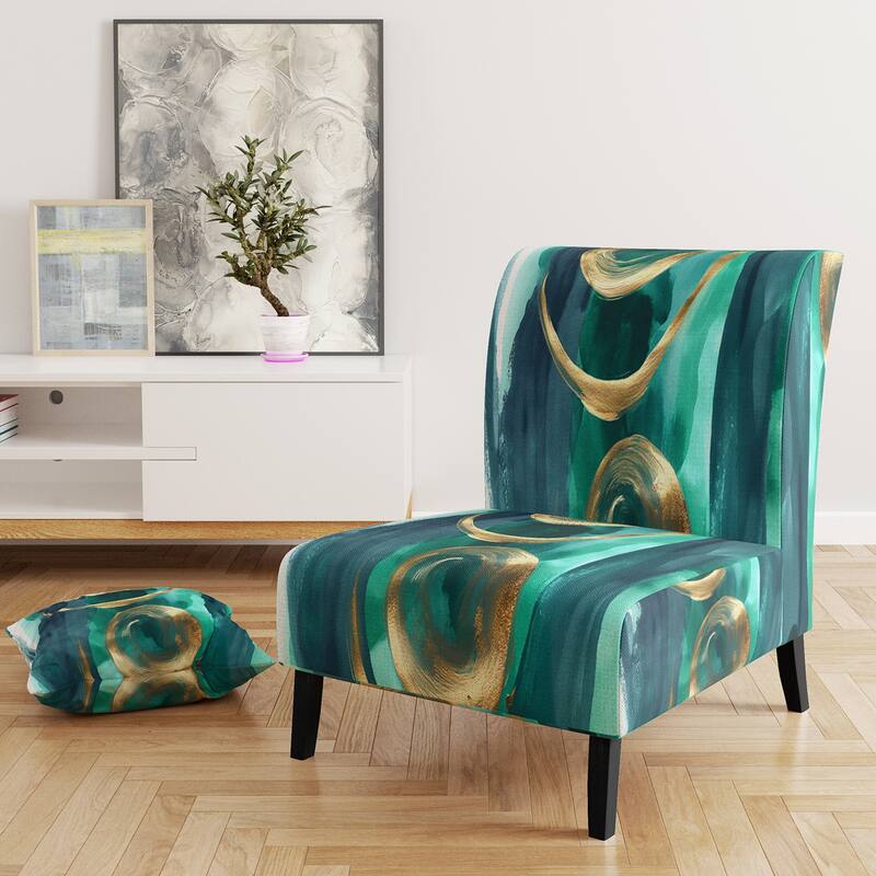 Designart "Geometric Black And Teal IV" Upholstered Abstract Accent Chair - Modern Arm Chair For Bedroom - Slipper Chair - Turquoise & Gold