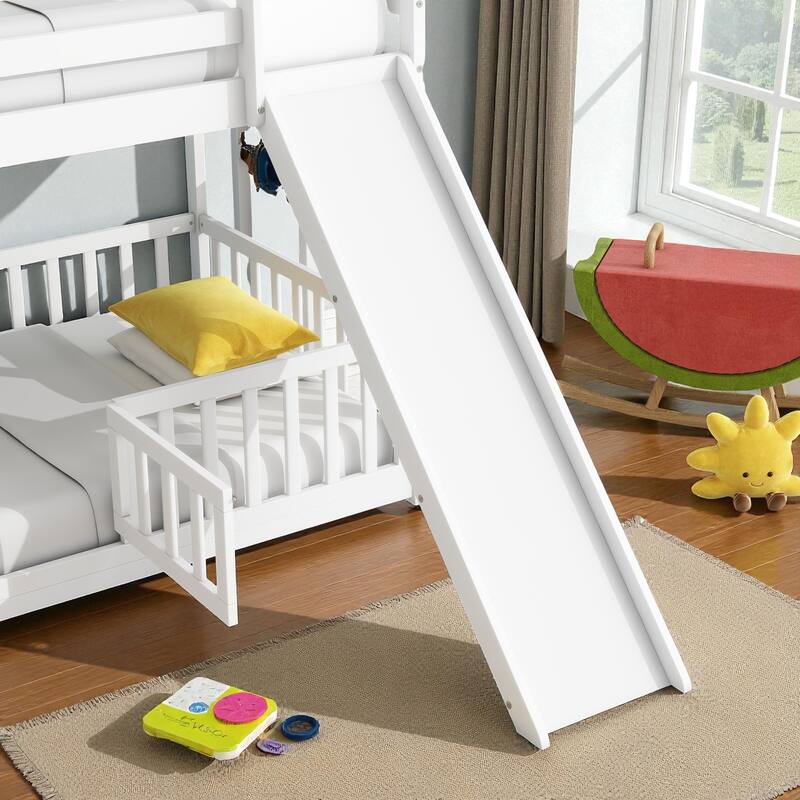 Solid Pine Wood Twin Over Twin Bunk Bed with Slide, Door, Ladder, and Guardrails, Convertible Floor Bunk Bed for Kids