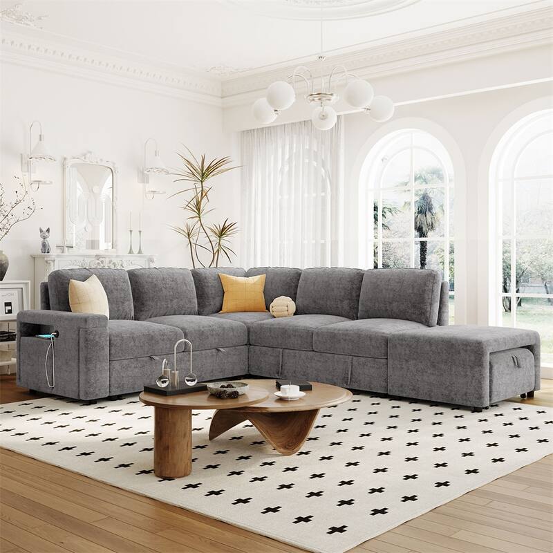 L-shaped Padded Modular Sofa w/Storage Space,USB Ports & Cup Holders - Grey