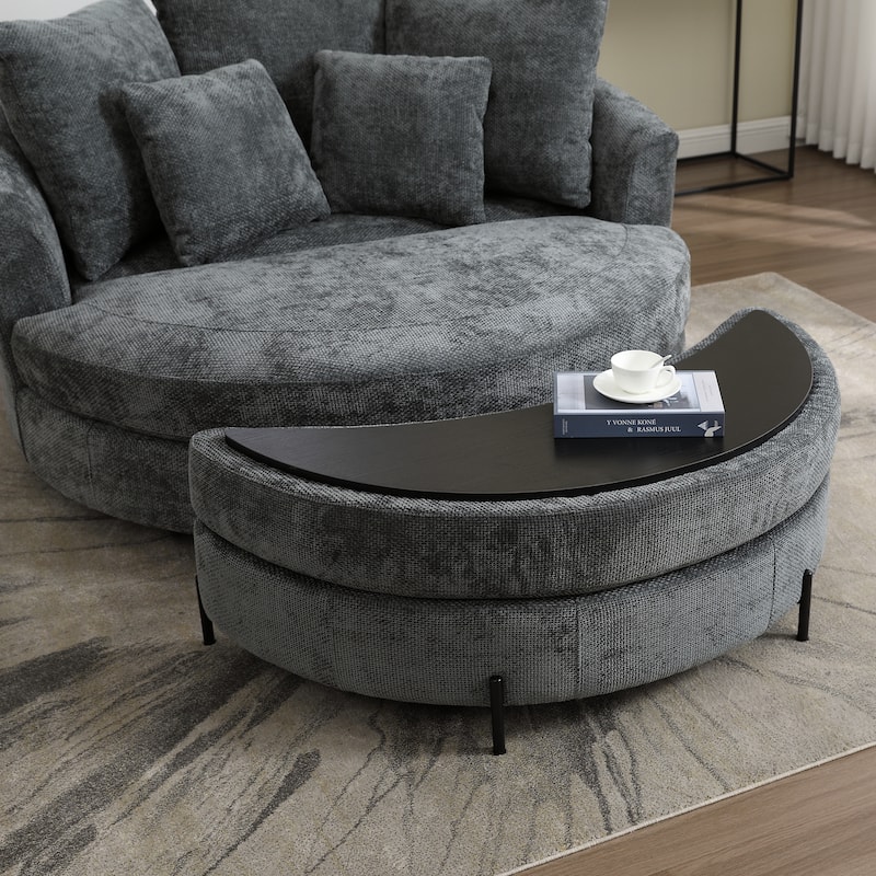 Modern Sofa Chair Round Accent Barrel Chair With 5 Pillows and Storage Ottoman