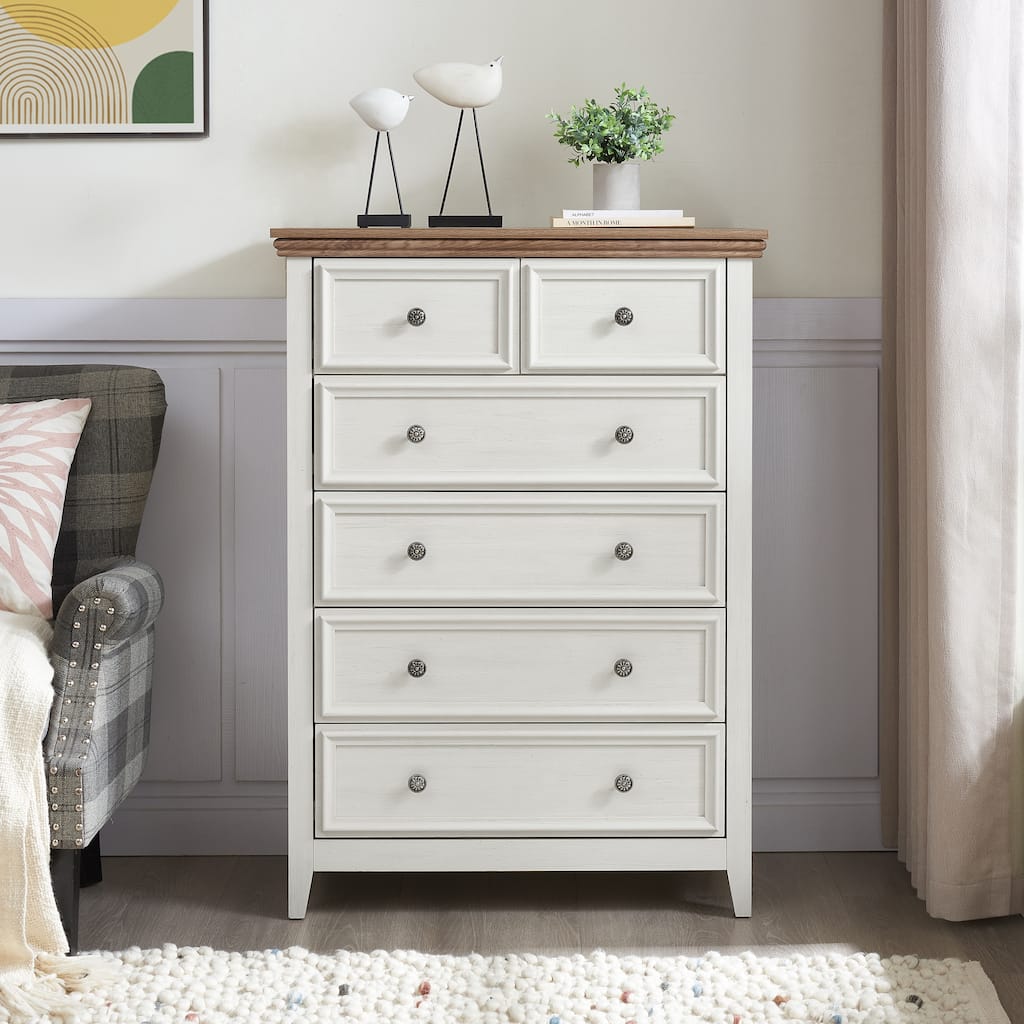 GDFStudio - Farmhouse Modern 6-Drawer Dresser Cabinet with Metal Slides and Vintage Handles