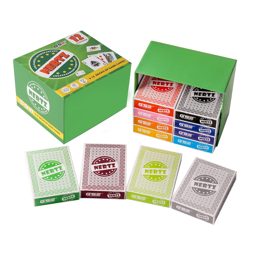 GSE™ 12-Deck Nertz Card Game Set, Multi-Colored Playing Card Deck, Bulk Set Poker Wide-Size Regular Index
