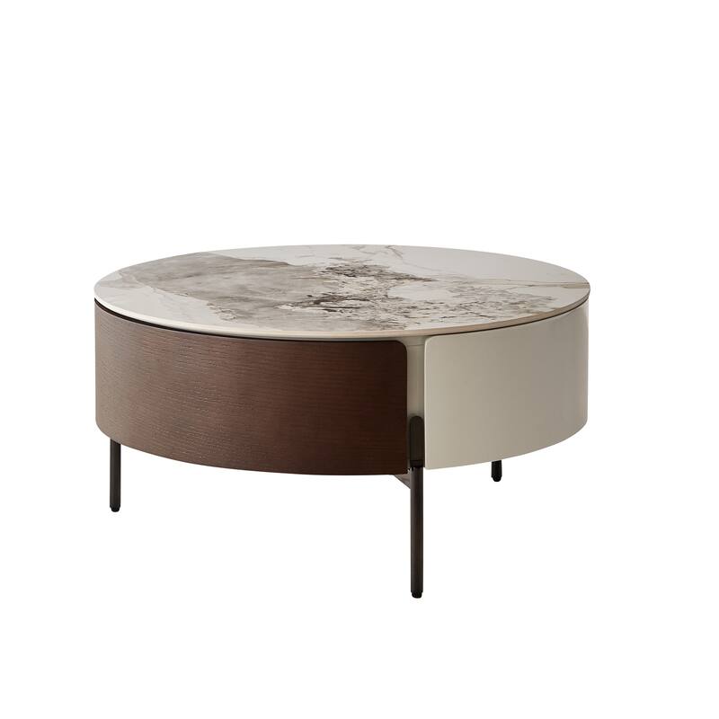 Round Coffee Table with Drawers and Metal Legs, Drum Tea Table