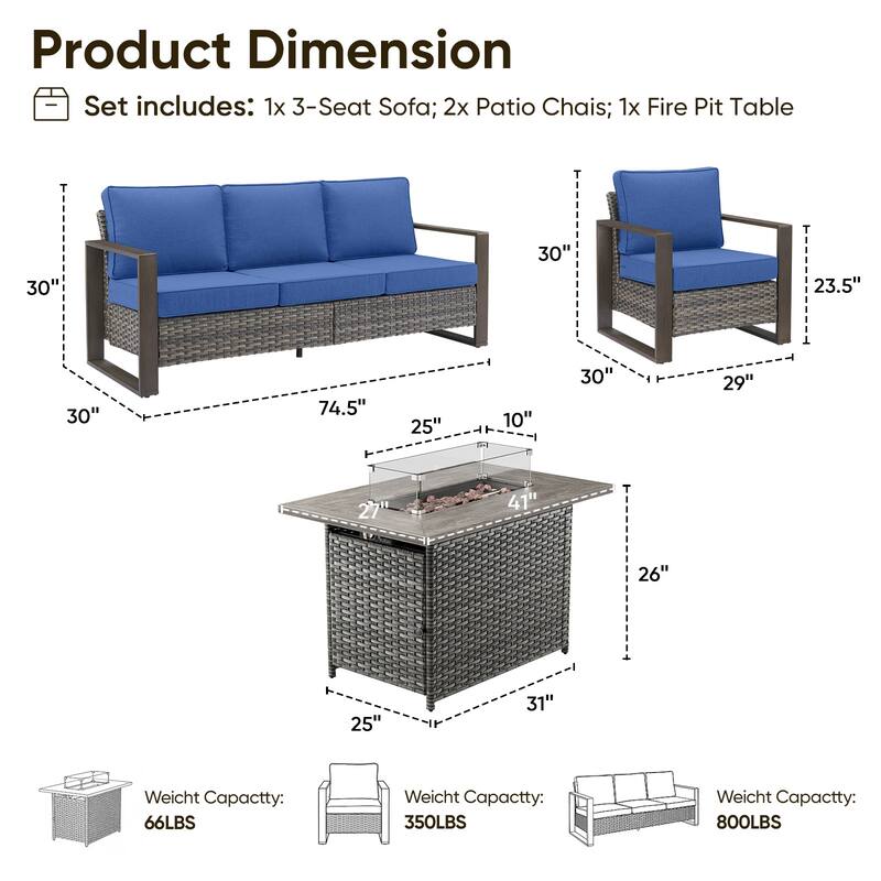 Pocassy 4 Pieces Outdoor Sofa Patio Chair with Fire Pit Table Set