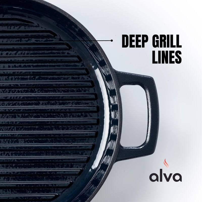 Alva Nori 11" Enameled Cast Iron Griddle Pan, Naturally Nonstick Grill Pan