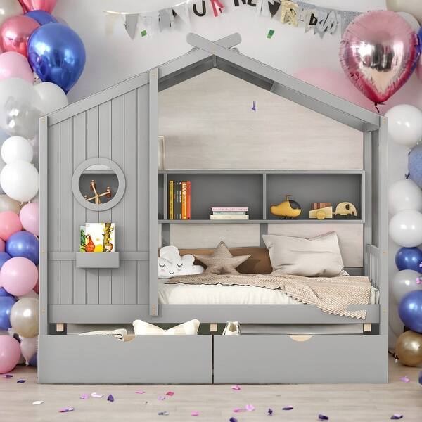 slide 2 of 26, Modern Twin Size House Bed Kids Bed with 2 Drawers and Storage Shelf,Solid Construction Grey