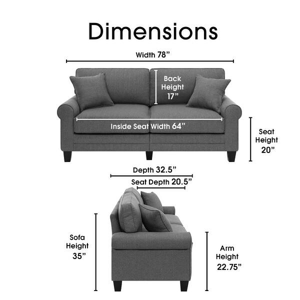 dimension image slide 7 of 11, Serta Copenhagen 78" Sofa Couch for Two People, Pillowed Back Cushions and Rounded Arms, Durable Modern Upholstered Fabric