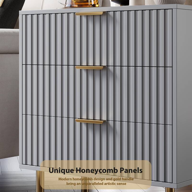Fluted 3 Drawer Dresser for Bedroom, Modern Wooden Chest with Deep Drawers and Wide Top