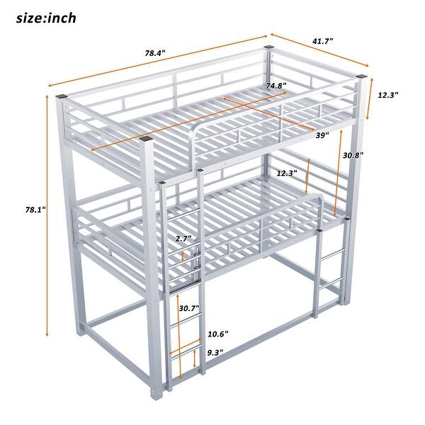 dimension image slide 1 of 2, Metal Twin Size Triple Bunk Bed with Guard Rails, Silver