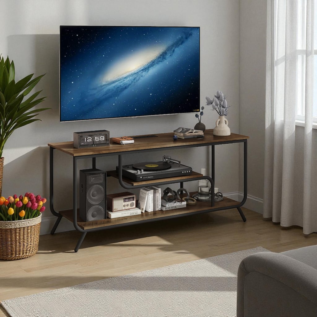 47" Modern TV Stand with LED Lights & Power Outlets, Small Media Console for 32-55 Inch TV with Storage Shelves