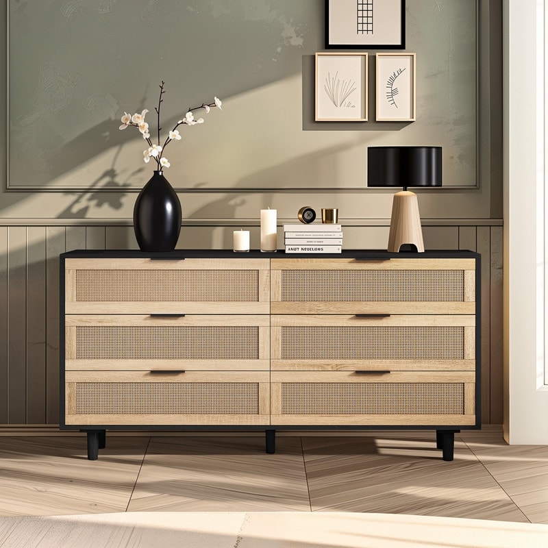 Modern Natural Rattan 6-Drawer Storage Cabinet MDF Frame 59.06" L