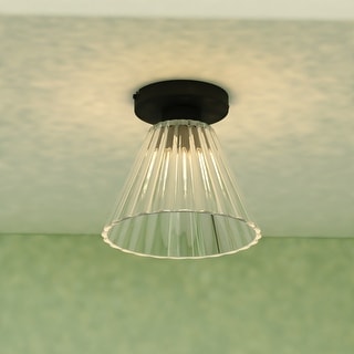Dalton 1-Light Matte Black Cone Flush Mount Lighting Fixture, Clear Ribbed Glass Shade Low Ceilings Hallway Kitchen