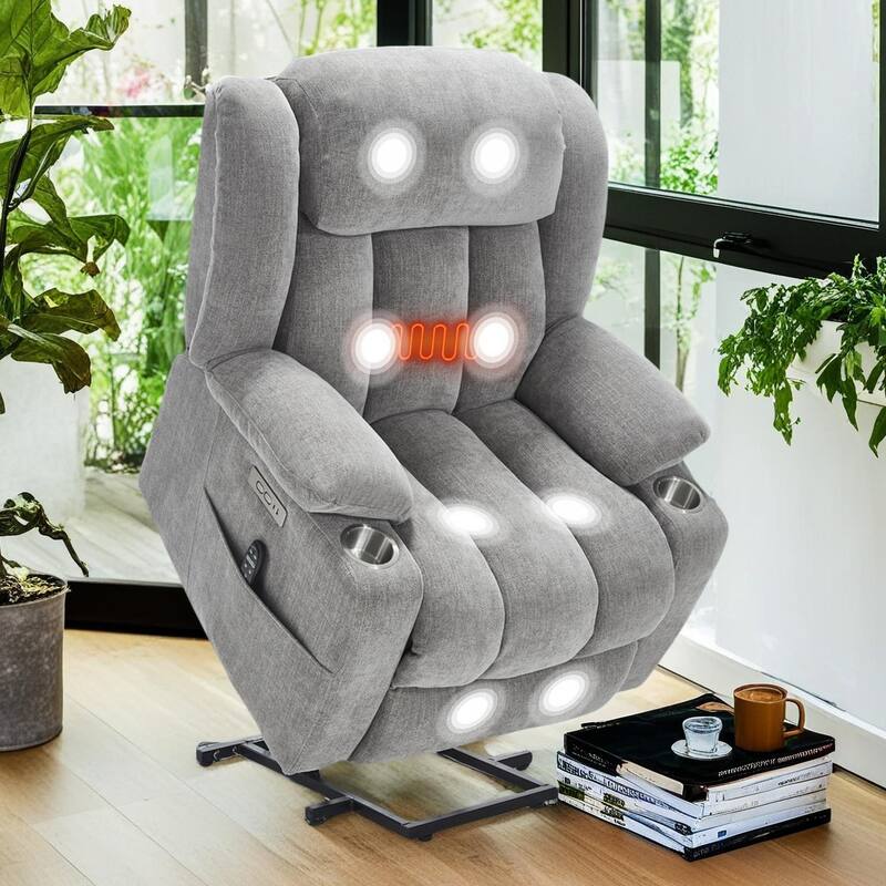 Chenille Power Lift Recliner Chair with Massage and Lumbar Heating, Dual Cup Holders - Grey