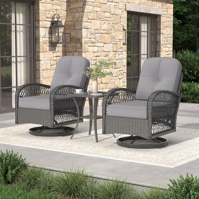 Outdoor Swivel Rocker Bistro Set - 3 Piece Wicker Patio Set with Swivel Rocking Chairs, Cushions, and Tempered Glass Side Table