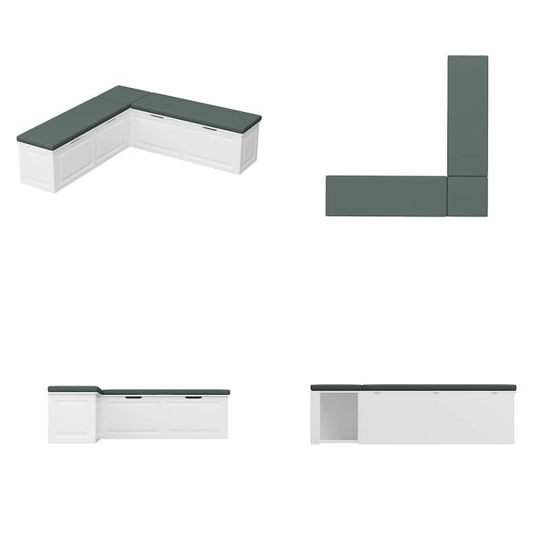 White & Green L-Shaped Storage Bench: Stylish Seating with Hidden Storage
