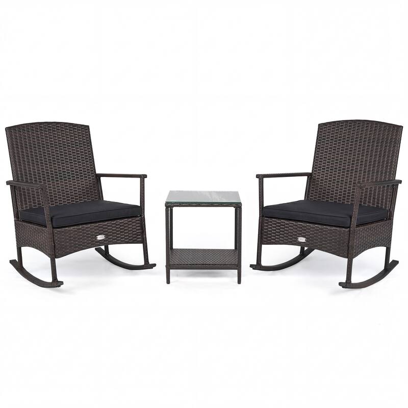 Gymax 3 Piece Patio Rocking Bistro Set 2 Rattan Armchairs w/ 2-Tier - Black