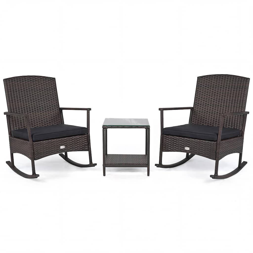 Gymax 3 Piece Patio Rocking Bistro Set 2 Rattan Armchairs w/ 2-Tier