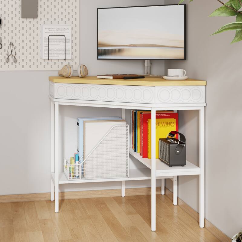 360° Rotating Corner Desk with Pull-Out Keyboard Tray – Small Space L-Shaped Computer Desk White & Oak