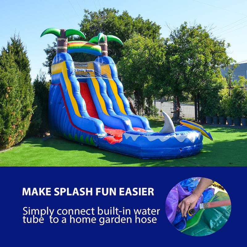 HeroKiddo 15' Ocean Shark Commercial Grade Inflatable Water Slide with Attached Splash Pool (No Blower Included), Outdoor Fun