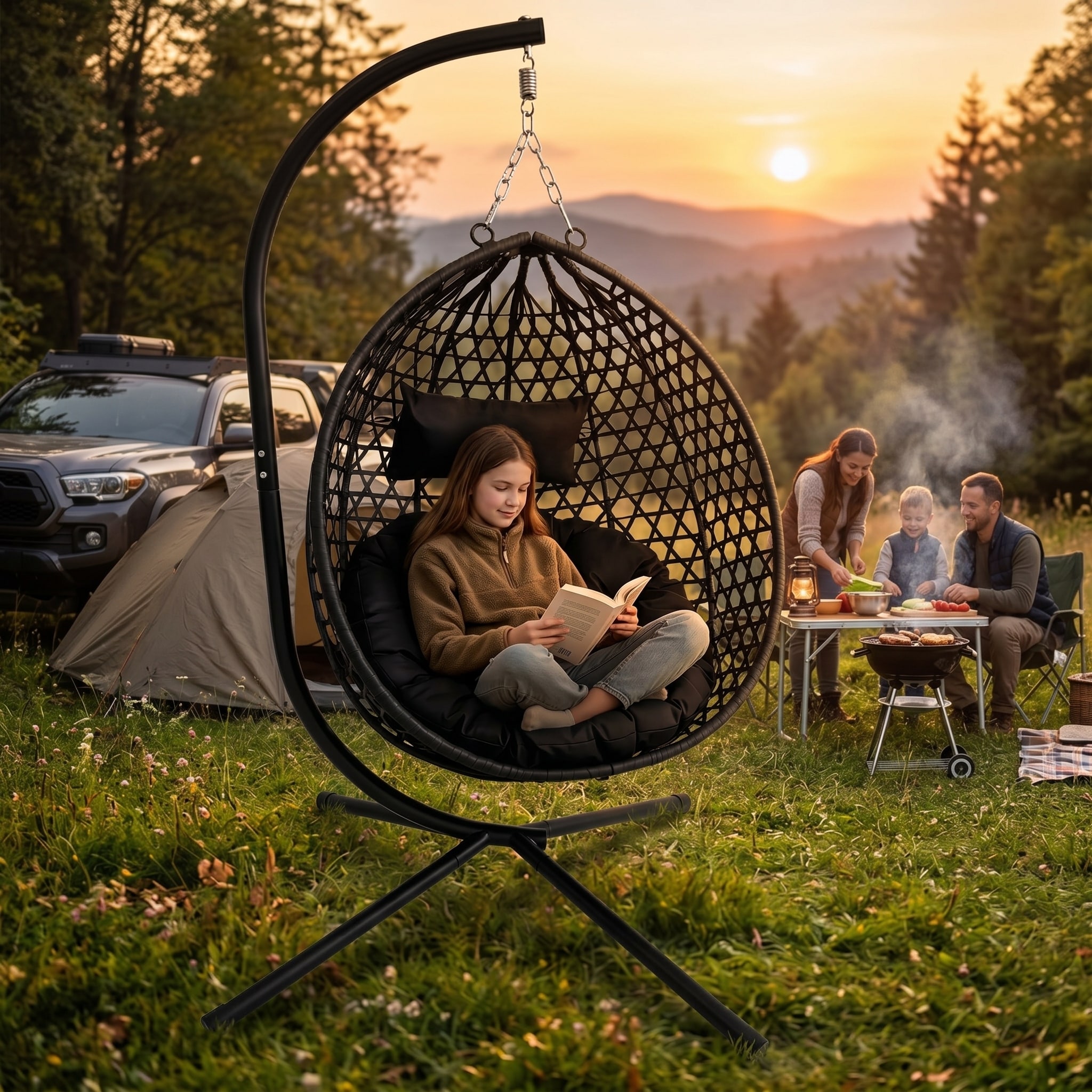 Foldable Hanging Egg Chair with Stand, HDPE Rattan Wicker Swing Chair with Cushion, Heavy Duty Frame 350 Lbs Capacity