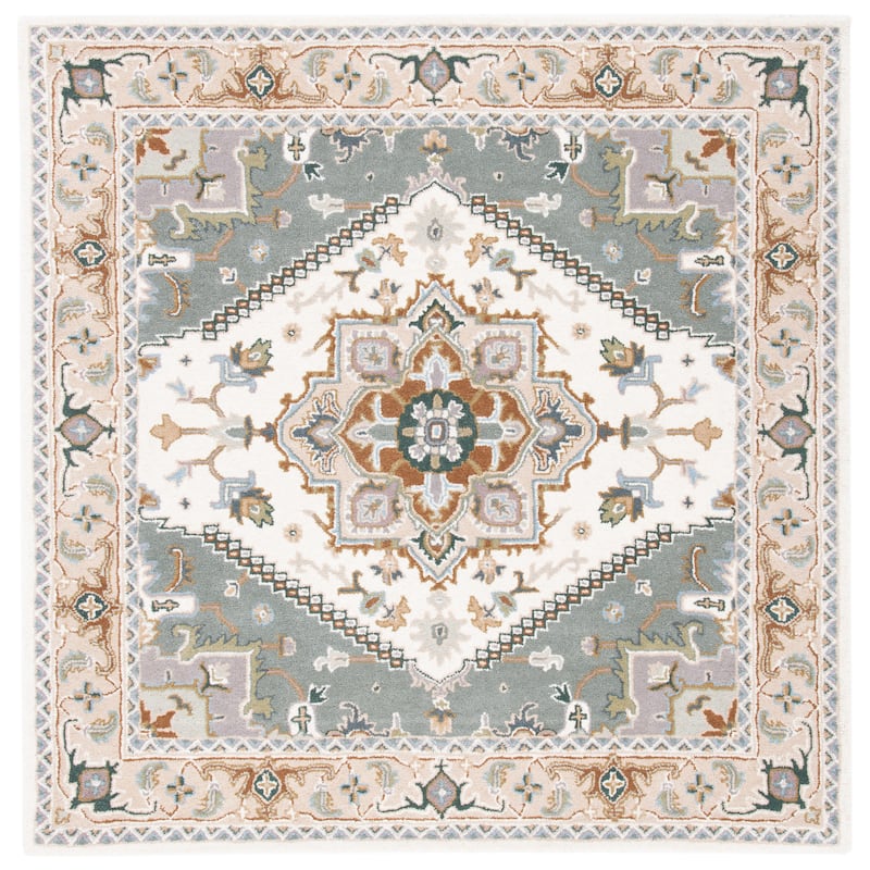 SAFAVIEH Handmade Heritage Carrol Traditional Oriental Wool Rug - 6' Square - Ivory/Light Blue - Square